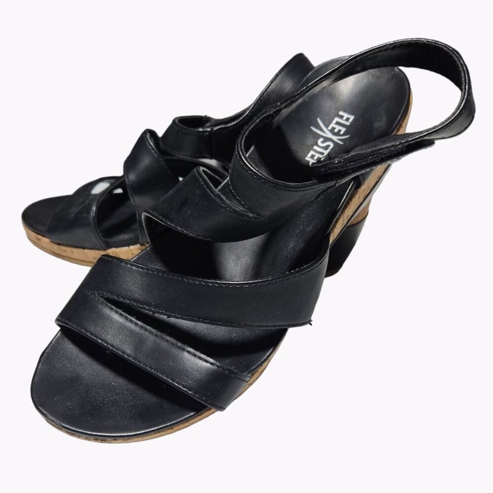 Flex Step Black Faux Leather Sandals Womens 7.5 M Strappy Sling Back Wedge Heels